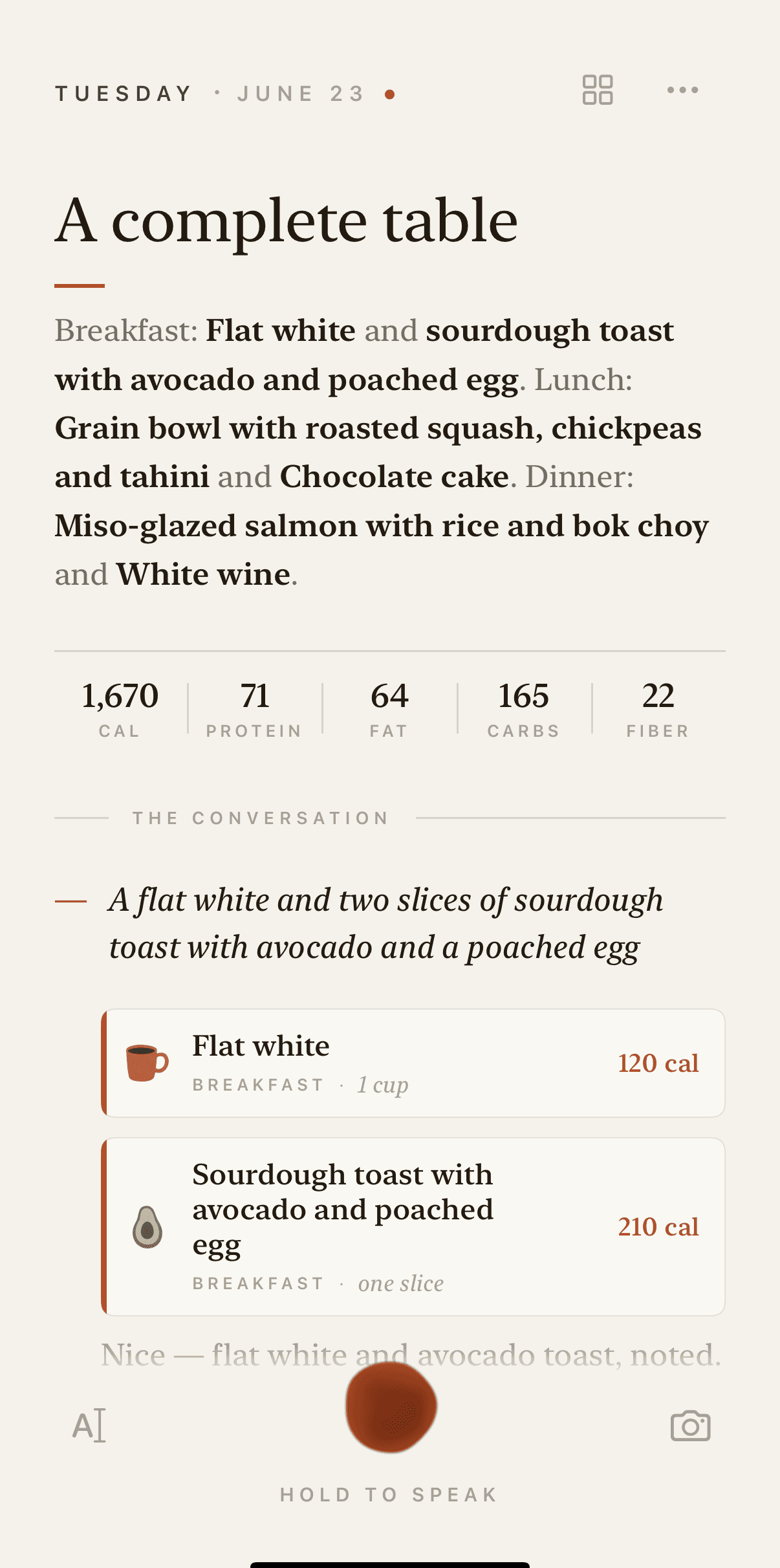 A day in Fojo — the title 'Coffee to salmon', the meals set in type, and the calm macro line beneath.