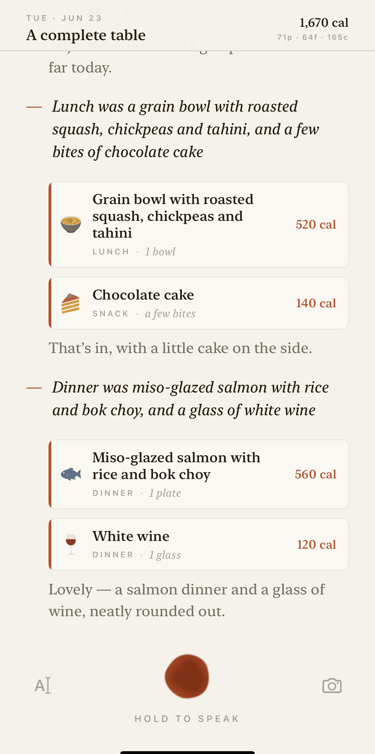 Fojo's meal log — each food on a card with its estimate, beside a quiet glyph.